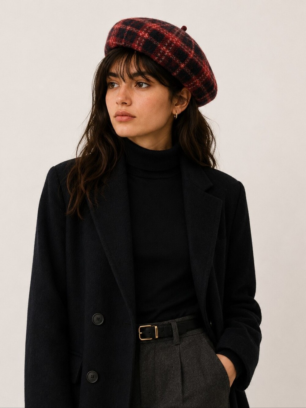 Red and Black Plaid Wool Beret